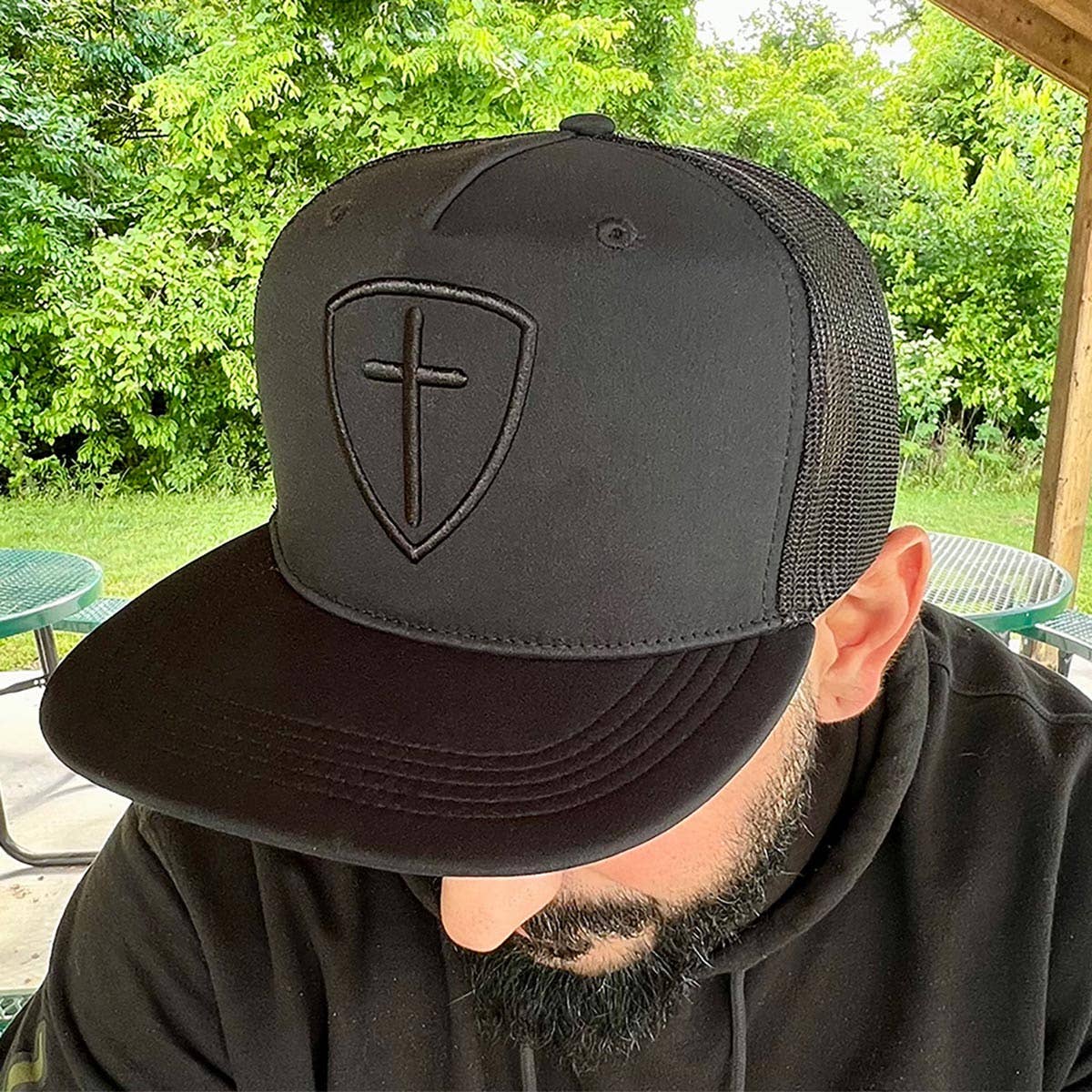 Mens Cap Black Cross And Shield